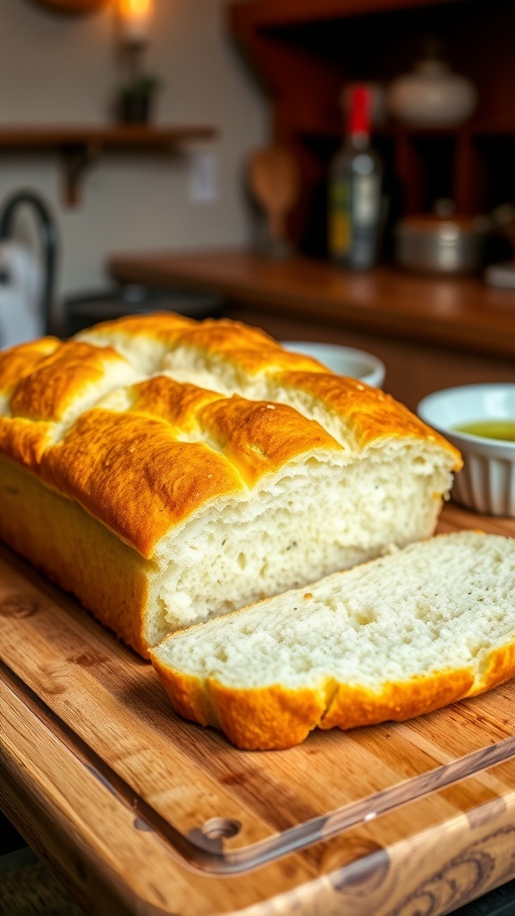 Freshly baked Greek yogurt bread loaf, sliced on a wooden board with olive oil and herbs.